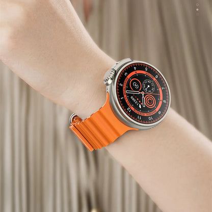Black K9 smart watch with round screen and silicone strap on wrist