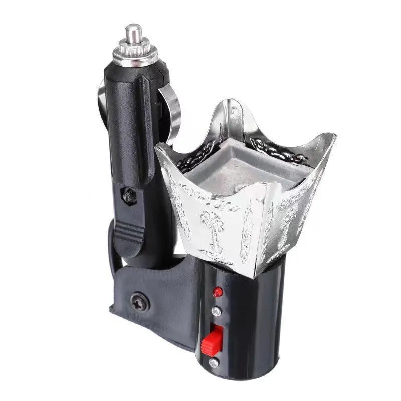 Car mounted plug-in incense burner in metallic finish with classical design for vehicle aromatherapy
