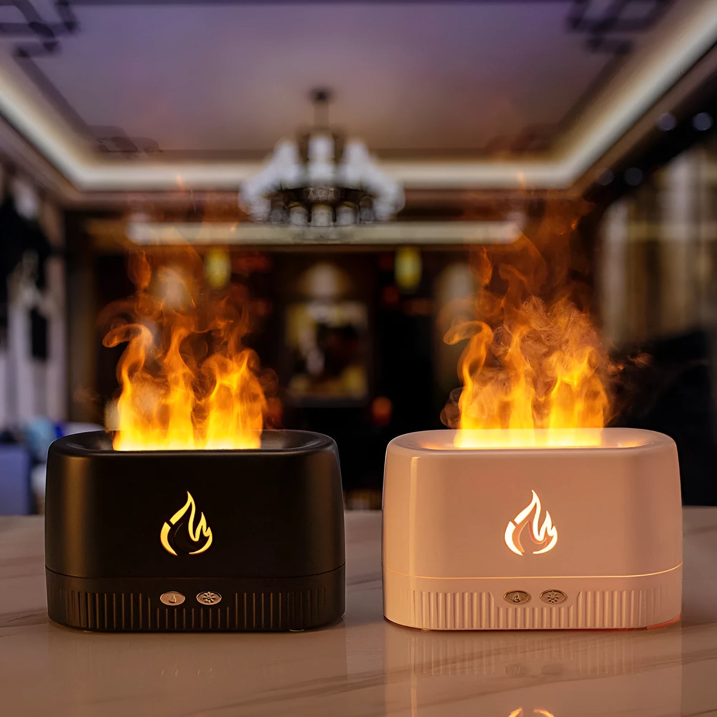 Black simulated flame aromatherapy humidifier with USB cable, water tank, and control buttons on a wooden surface.