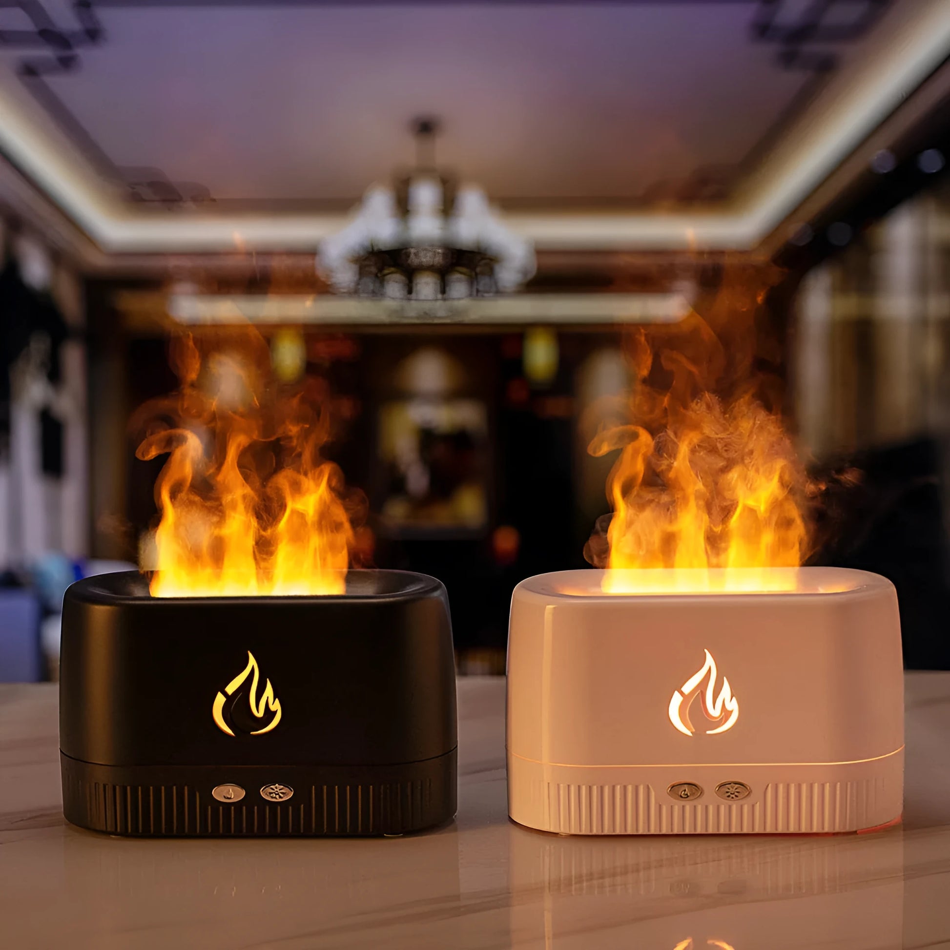 Black simulated flame aromatherapy humidifier with USB cable, water tank, and control buttons on a wooden surface.