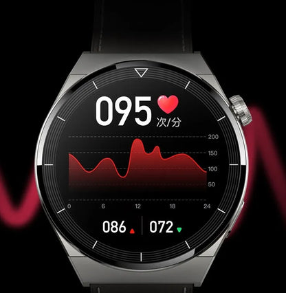 Black Android smart watch with round dial on a silicone strap, showing call and NFC functions.