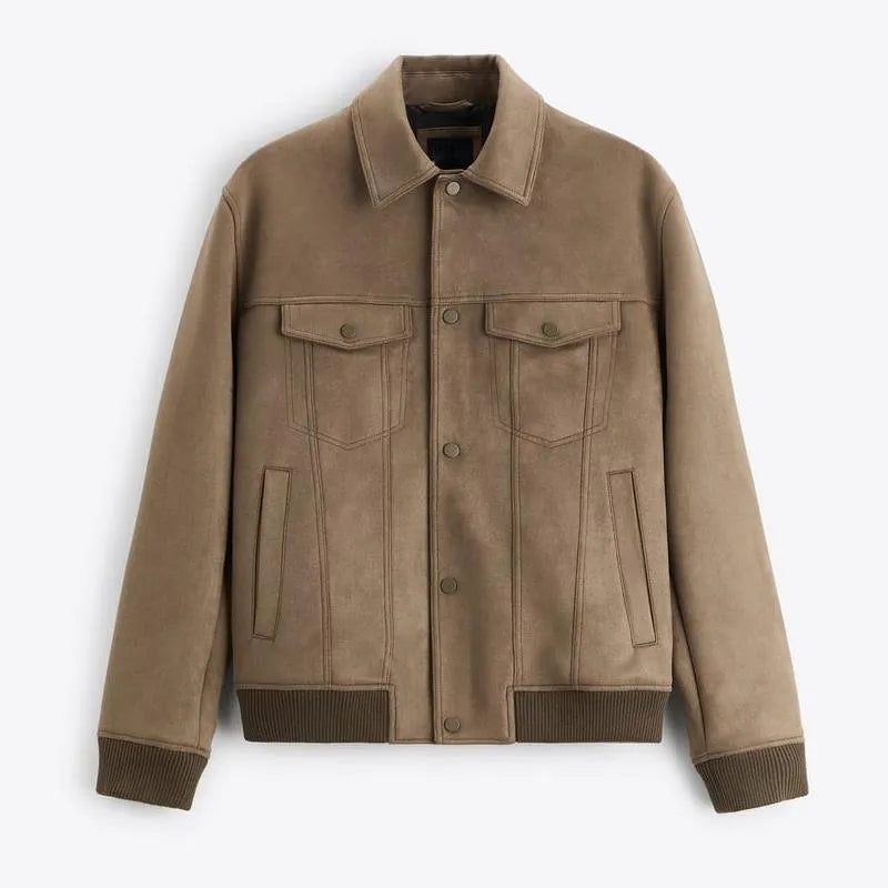 Women's suede velvet British style jacket in mink colour with long sleeves and spandex stretch fabric