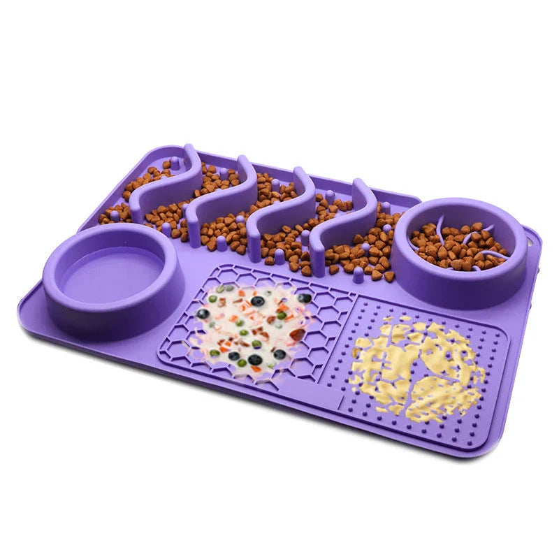 Premium silicone pet licking pad in various colours, designed to slow down eating and promote dental health for dogs