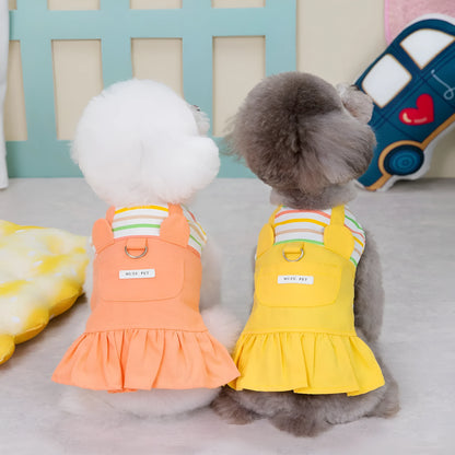 Orange and yellow striped patchwork cotton dog skirt shown in casual style