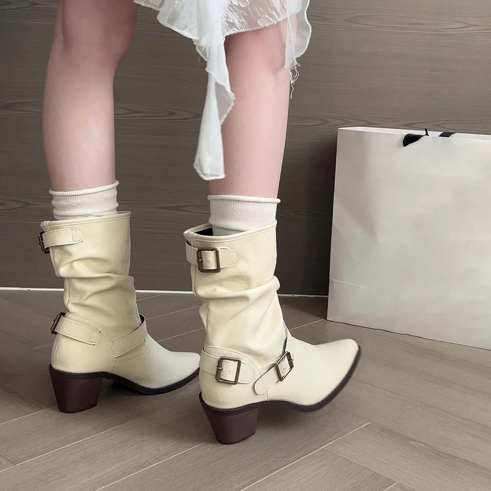 Women's chunky heel boots in white colour with 2.5cm flat heel and middle calf length
