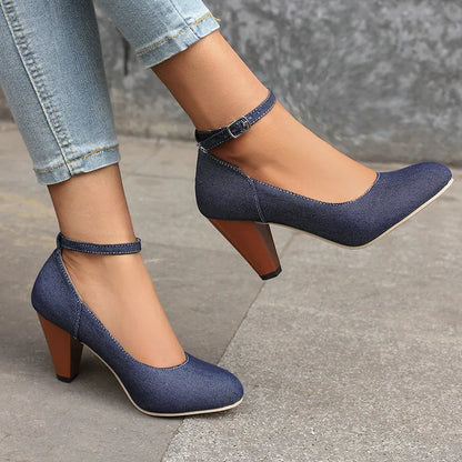 Women's blue denim platform heels with buckle closure and waterproof sole