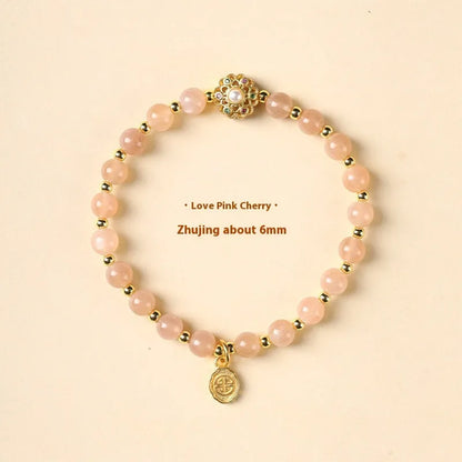 Hand-woven gray moonstone fairy lucky bracelet with sunstone and strawberry quartz peach blossom crystals