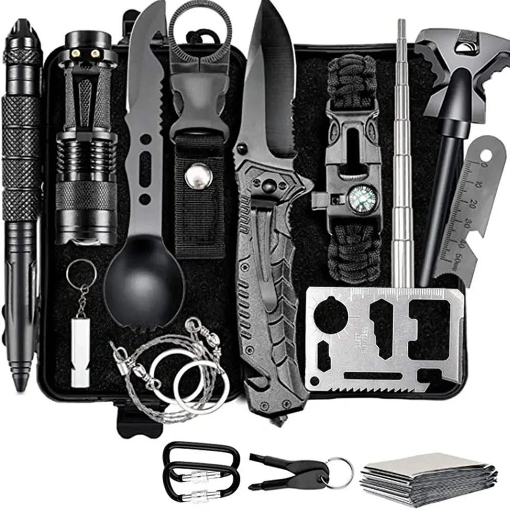 Outdoor survival kit with alloy tools and plastic components in multiple colour options