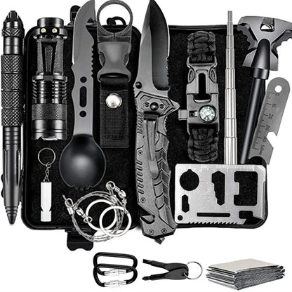 Outdoor survival kit with alloy tools and plastic components in multiple colour options