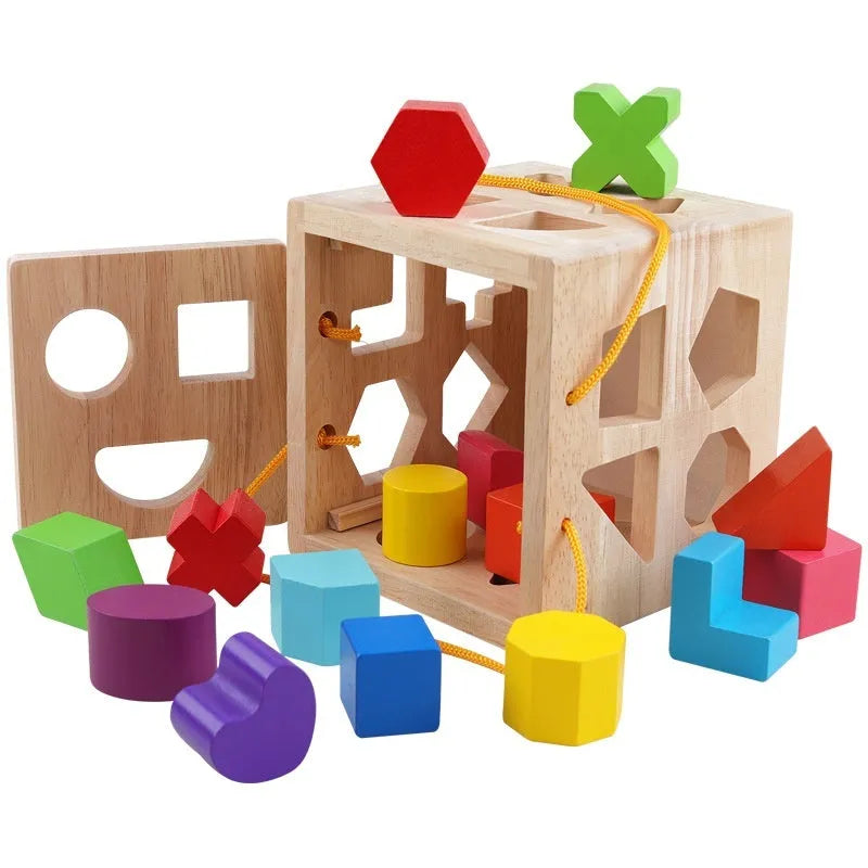 Wooden geometric shape matching building blocks for infants with multiple hole configurations