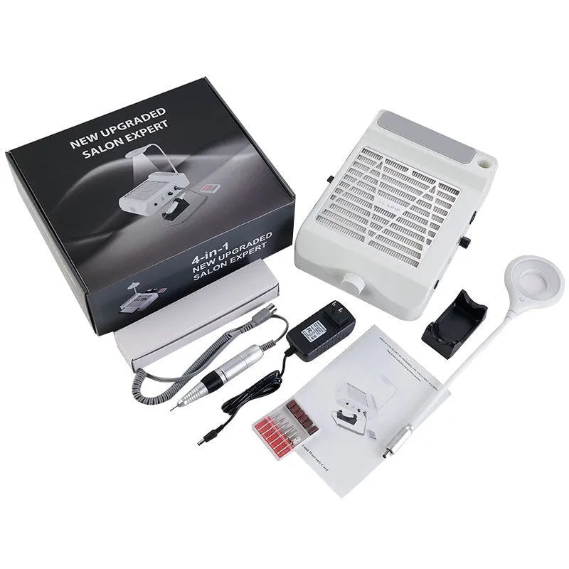 White electric nail grinder with vacuum cleaner and four grinding heads