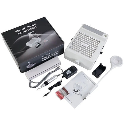 White electric nail grinder with vacuum cleaner and four grinding heads