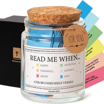 Glass Bible verses jar with cartoon design containing 90 rolled scripture papers in multiple colour options