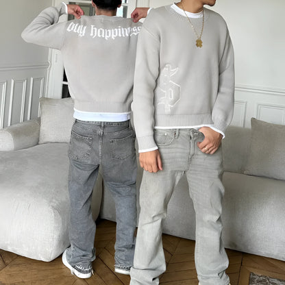 Grey jacquard loose-fitting knitwear coat with long sleeves for autumn winter