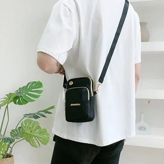 Nylon small crossbody shoulder bag with 3-layer zipper, card slot, square vertical shape, letter pattern, in red, dark blue, black or dark purple.