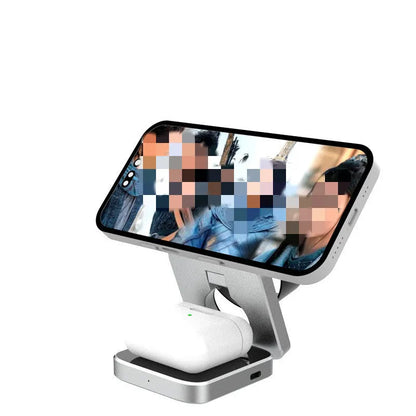 Silver foldable 3-in-1 wireless charging station for iPhone, Apple Watch and AirPods