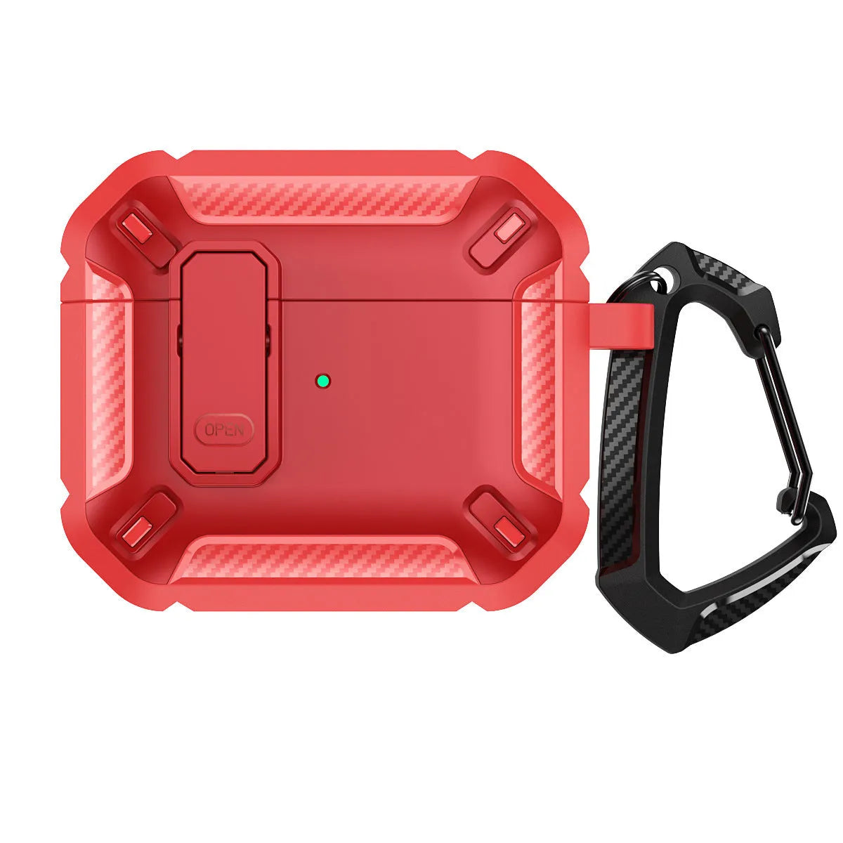 Hard plastic clamshell case for AirPods with a carabiner hook attached, shown in a black and yellow two-tone colour.