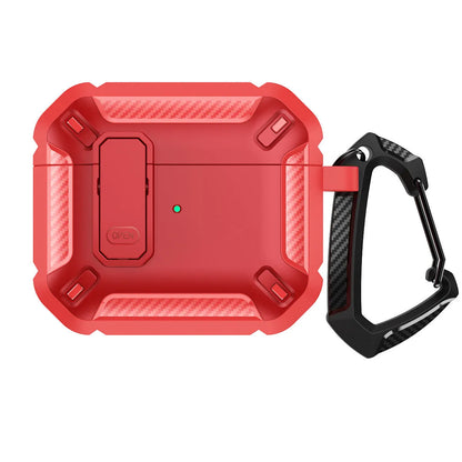 Hard plastic clamshell case for AirPods with a carabiner hook attached, shown in a black and yellow two-tone colour.