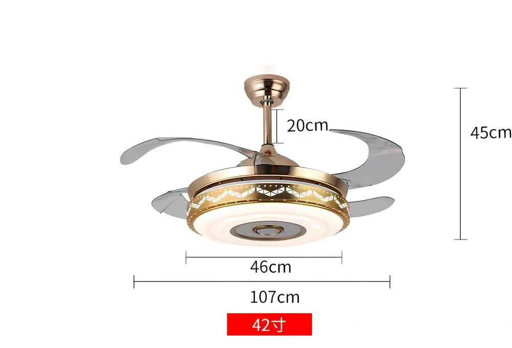 42-inch acrylic ceiling fan light in European style with Bluetooth music and gold three-tone LED, iron frame for living room installation