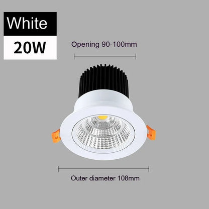 Modern aluminium recessed LED ceiling spotlight with three colour temperature settings shown installed.