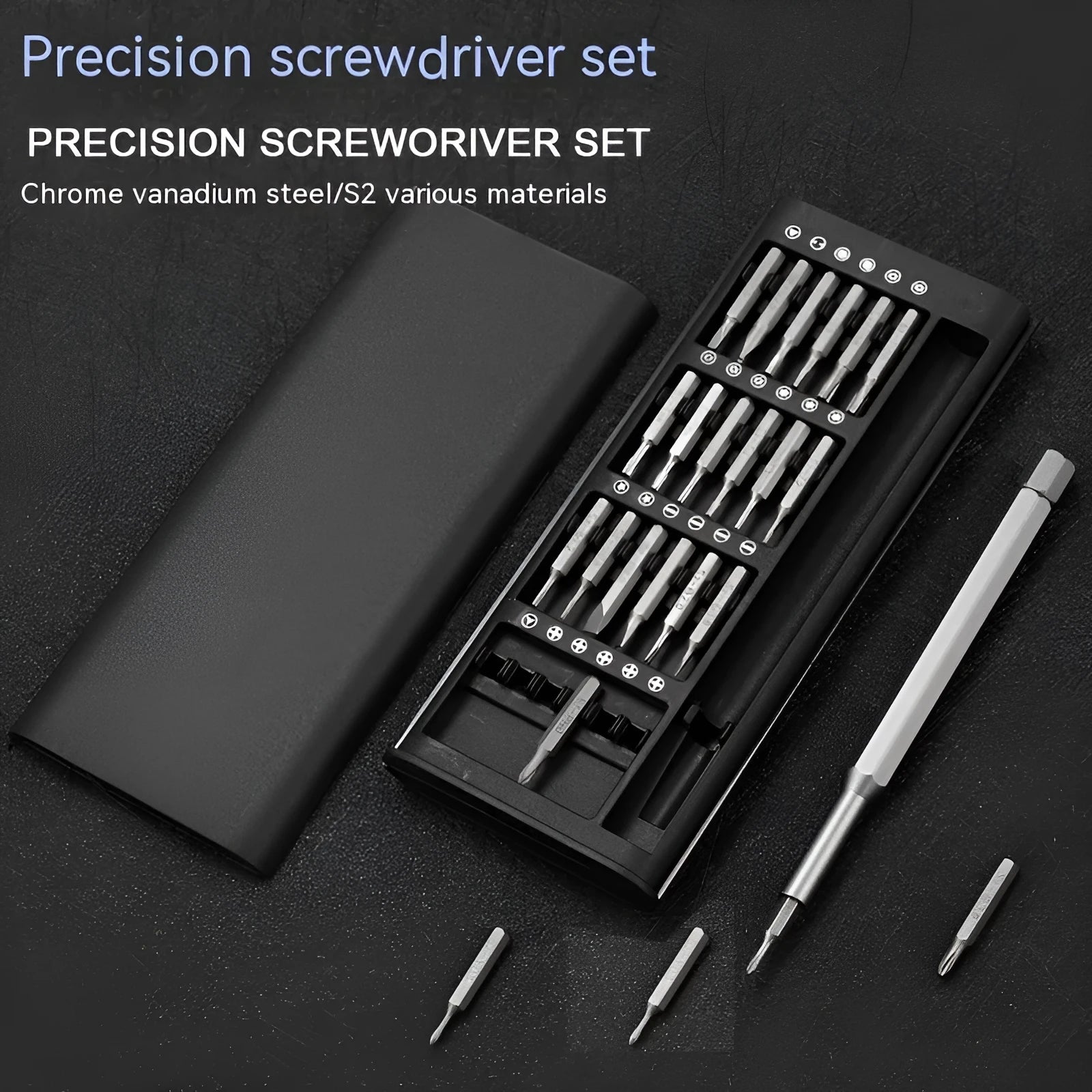 24-in-1 magnetic precision screwdriver set with chrome vanadium steel shaft and multiple 4mm bits