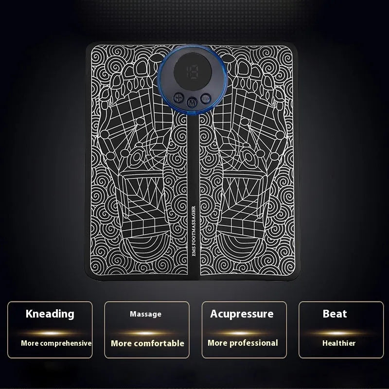 Leather foot massage cushion with LCD display and wireless remote control on a floor.