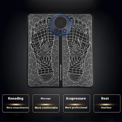 Leather foot massage cushion with LCD display and wireless remote control on a floor.