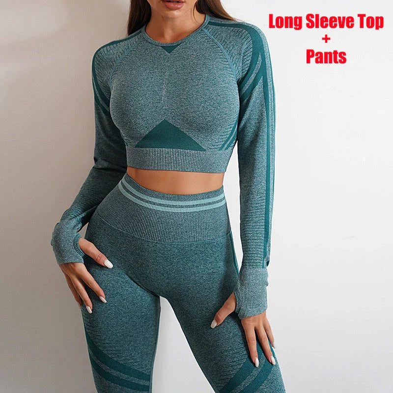 Seamless yoga leggings and long sleeve workout tops in various colors and styles