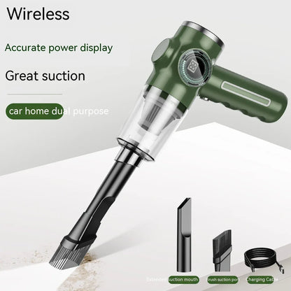 Black and green handheld vacuum cleaner with USB charging cable for car and home use