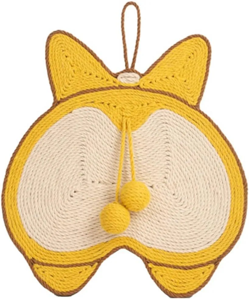 Yellow Corgi-butt design sisal cat scratching pad with anti-slip base, shown with adhesive hooks for wall mounting.