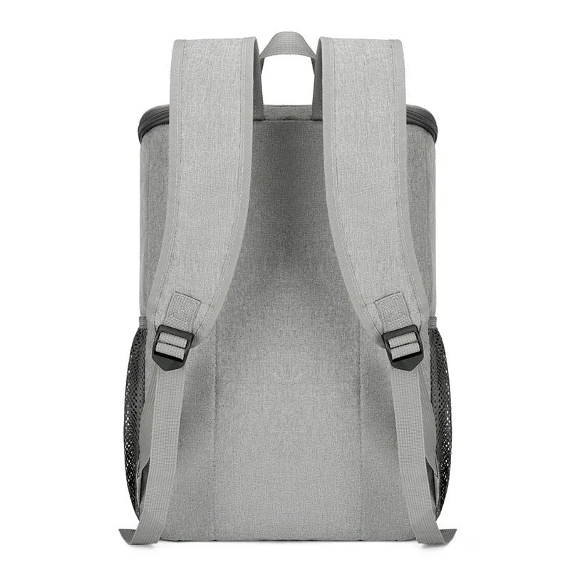 Large Oxford cloth backpack for outdoor thermal picnics with curved shoulder straps in grey with orange accents