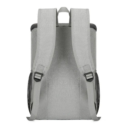 Large Oxford cloth backpack for outdoor thermal picnics with curved shoulder straps in grey with orange accents