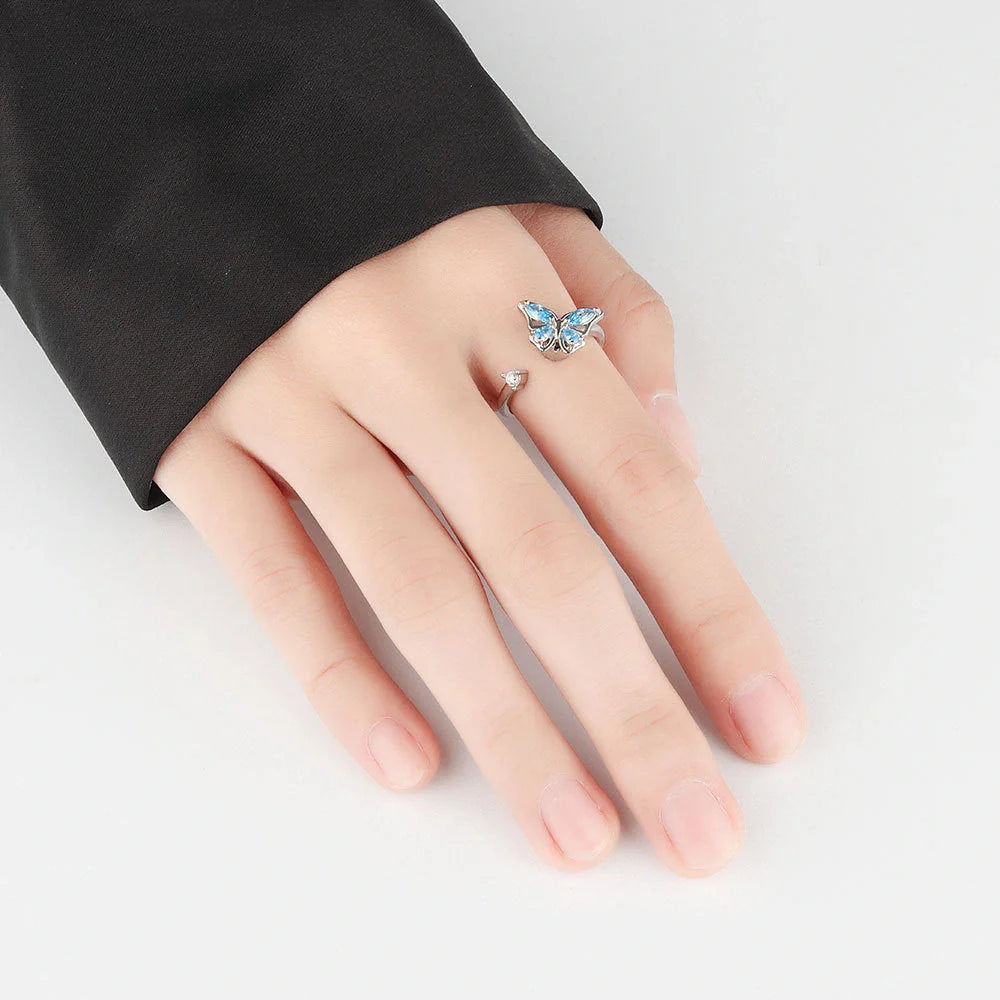 Women's adjustable rotatable butterfly ring with zircon inlay, available in multiple designs