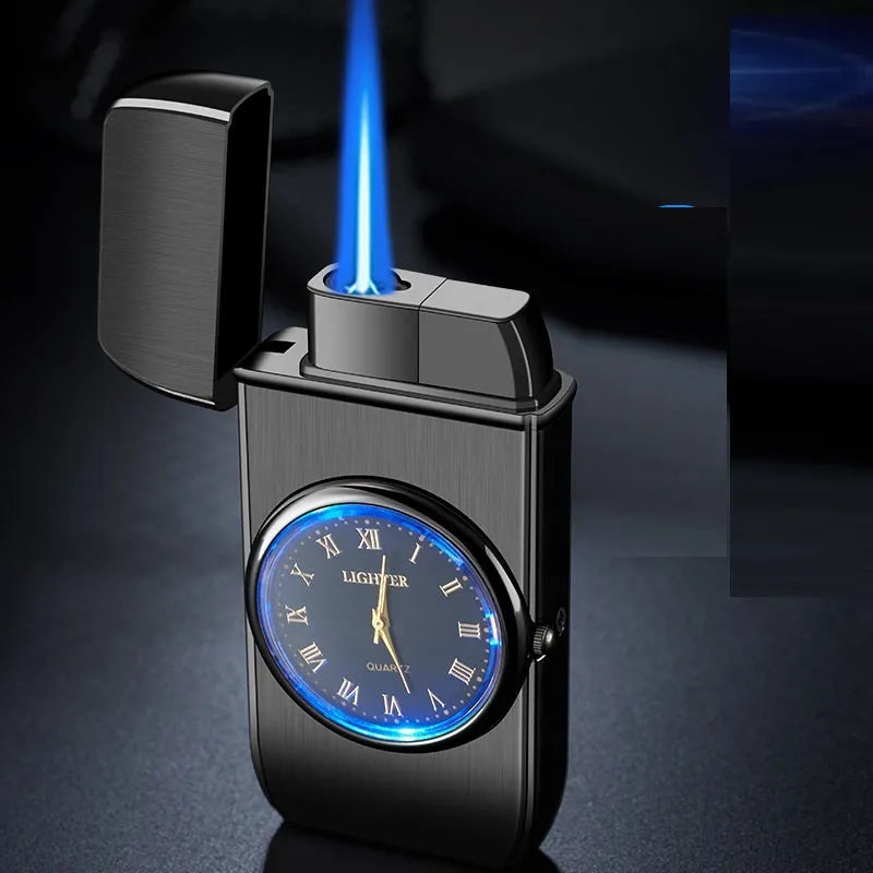 Multifunctional electronic watch lighter in black brushed metal showing watch face and ignition button.