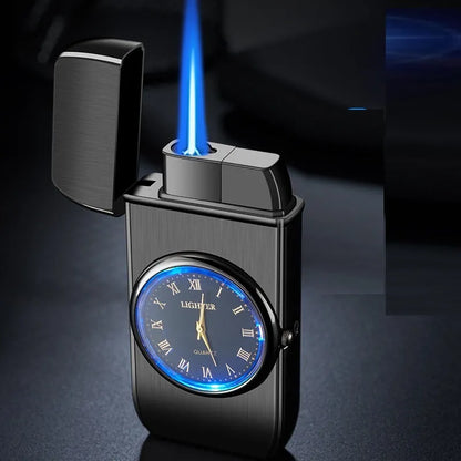 Multifunctional electronic watch lighter in black brushed metal showing watch face and ignition button.