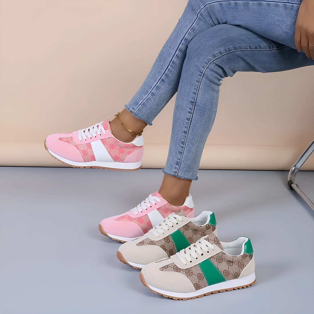 Women's oversized casual lace-up shoes in khaki with cross strap detail and round toe