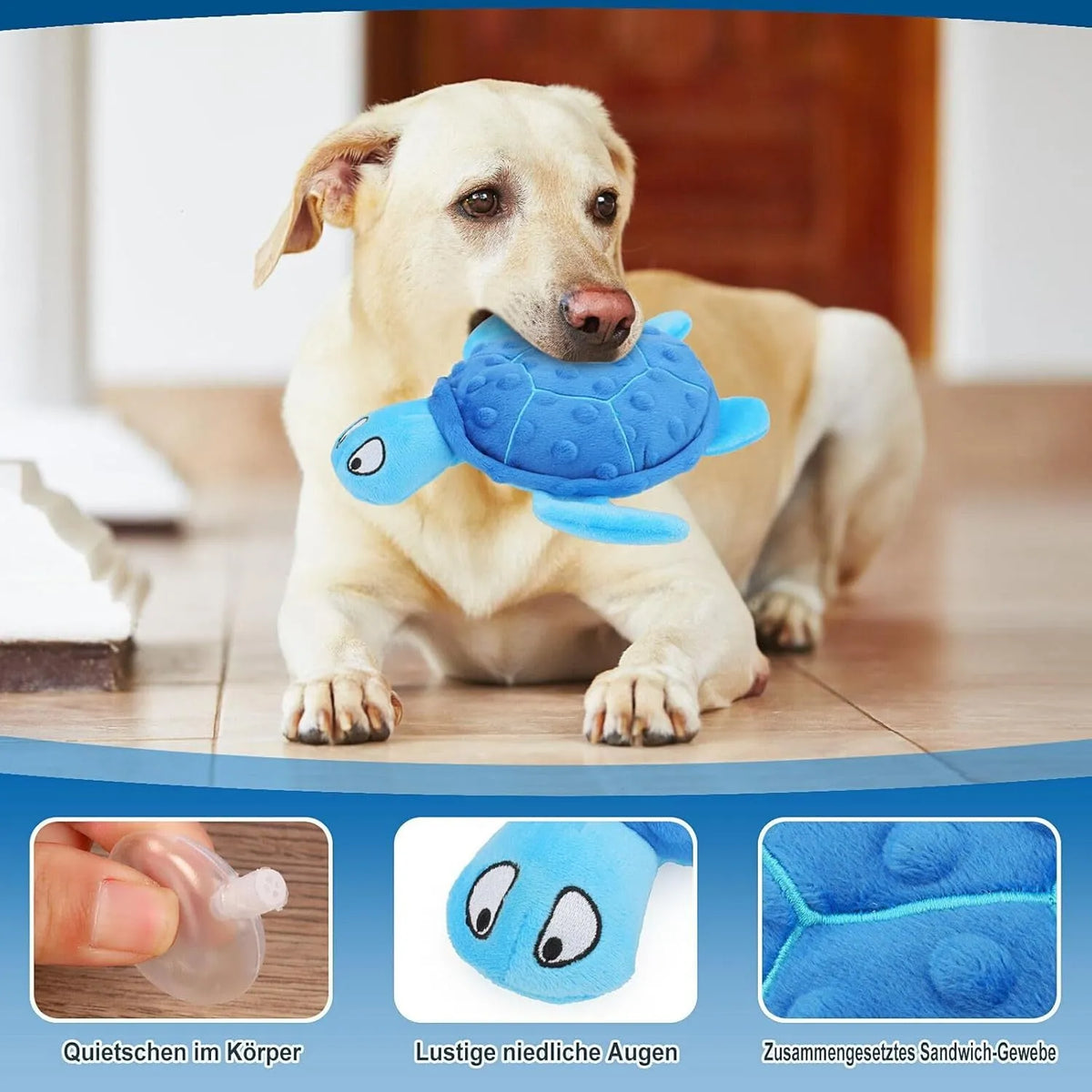 Blue sea turtle plush dog toy with squeaker, crinkle and rattle sounds for small dogs.