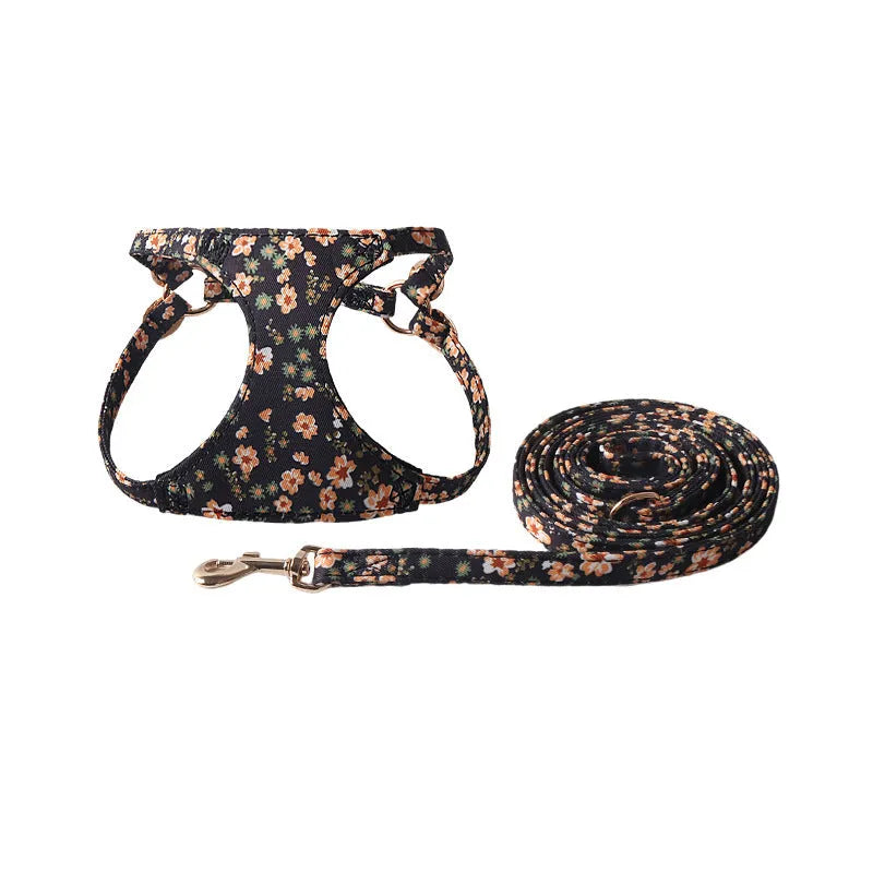 Orange cloth dog harness and leash set from the floral series, showing the single chest back design.