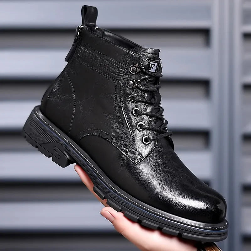 Black patent leather women's ankle boots with a low square heel and high shaft on a white background.