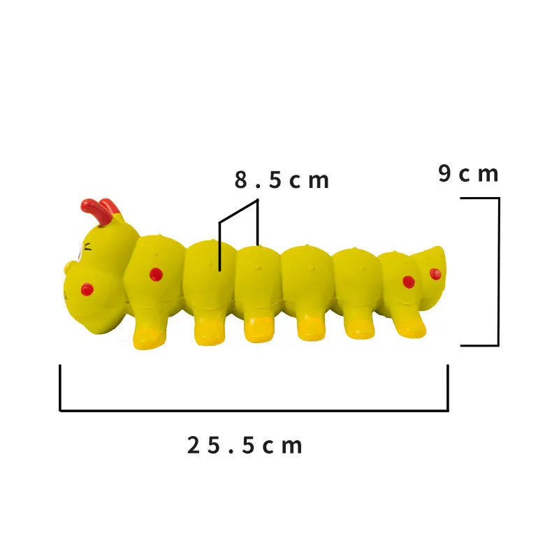 Yellow rubber caterpillar dog toy with squeaker for small medium dogs