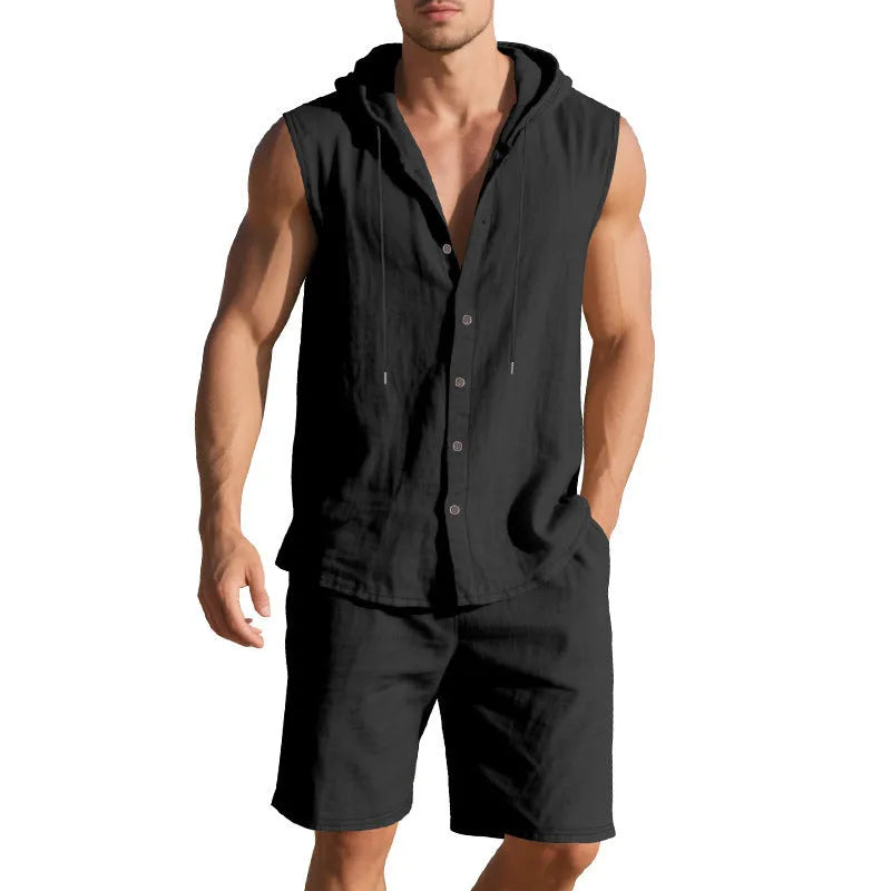 Men's linen sleeveless shirt and shorts suit in multiple colour options