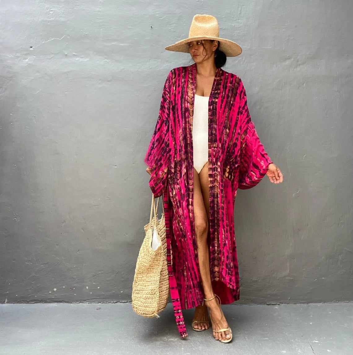 Printed loose beach cover-up shirt with long sleeves in cotton fabric for sun protection
