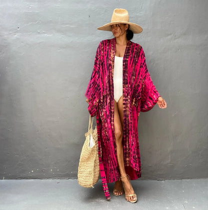 Printed loose beach cover-up shirt with long sleeves in cotton fabric for sun protection