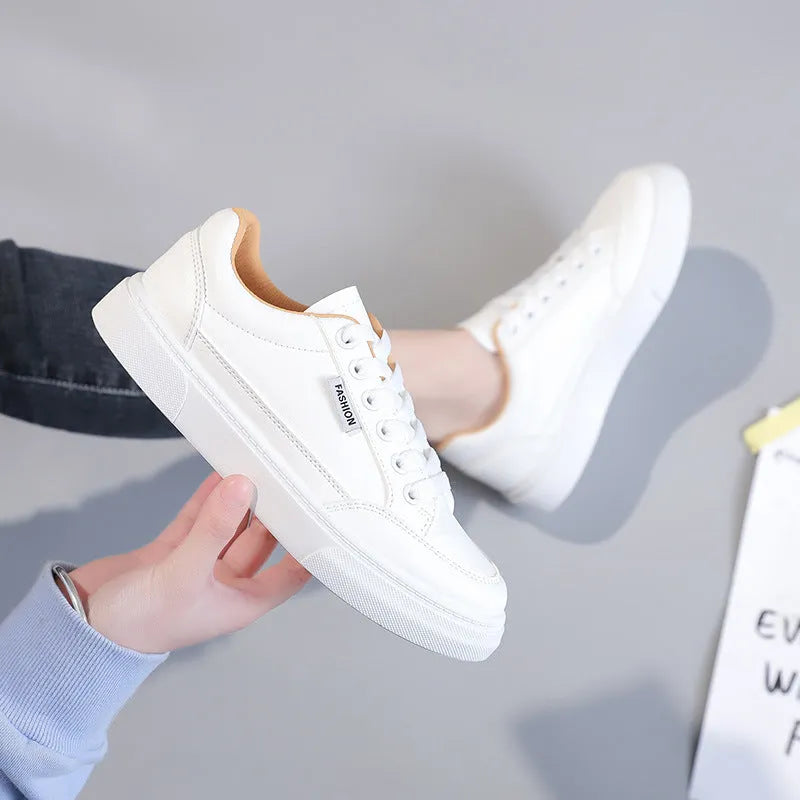 Korean style student sneakers in solid colour low-top design with artificial PU upper and plastic sole, available in 316 white and 316 brown colours for adult women in UK sizes 35 to 40, featuring wear-resistant and shock absorption function