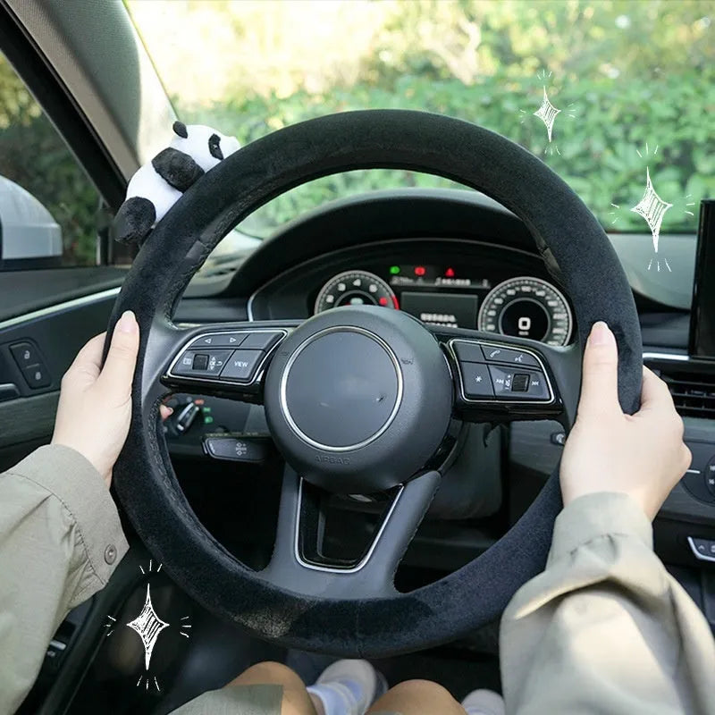 Black plush panda steering wheel cover with matching shoulder pad for winter car comfort