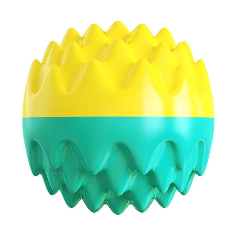 Blue and orange spiky rubber dog ball with squeaker for teeth cleaning and water fetch.