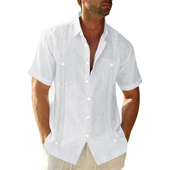 Men's short sleeve casual guayabera shirt in vibrant colors, featuring intricate pintuck pleating for a classic Cuban-inspired look
