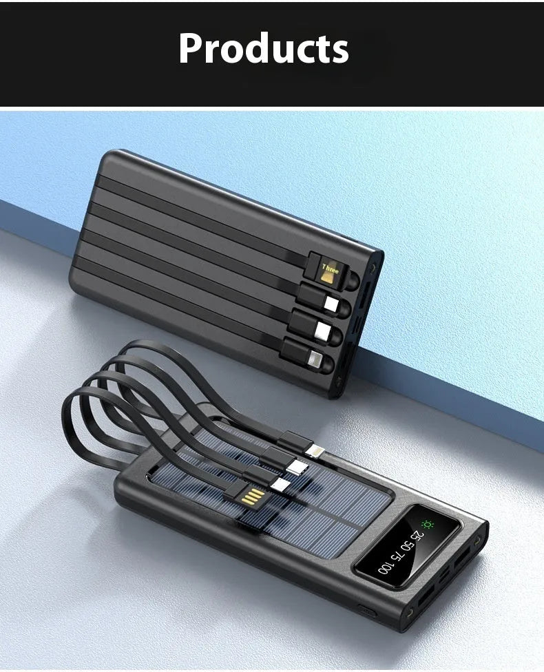 Black solar power bank with built-in charging cable showing solar panel and 20000mAh capacity label