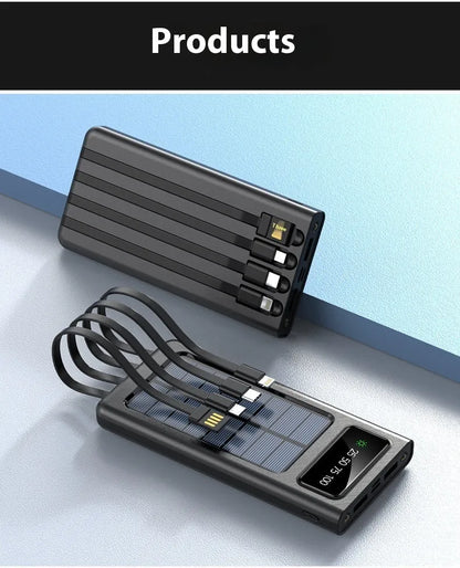 Black solar power bank with built-in charging cable showing solar panel and 20000mAh capacity label