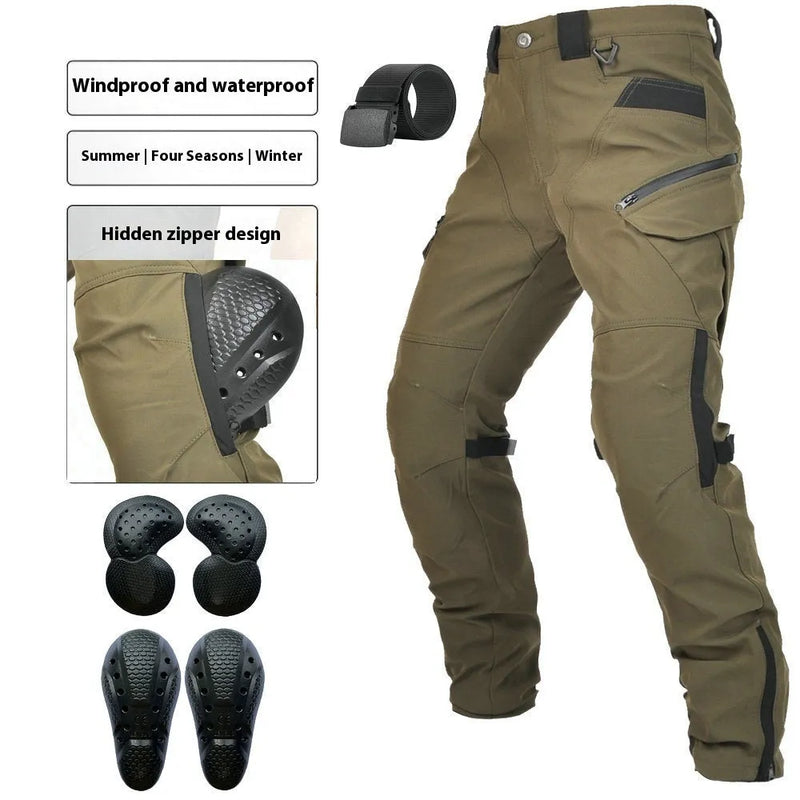Motorcycle trousers with 4-season waterproof and windproof protection, featuring integrated removable armour for impact resistance and a wide 4XL size range for proper fit.